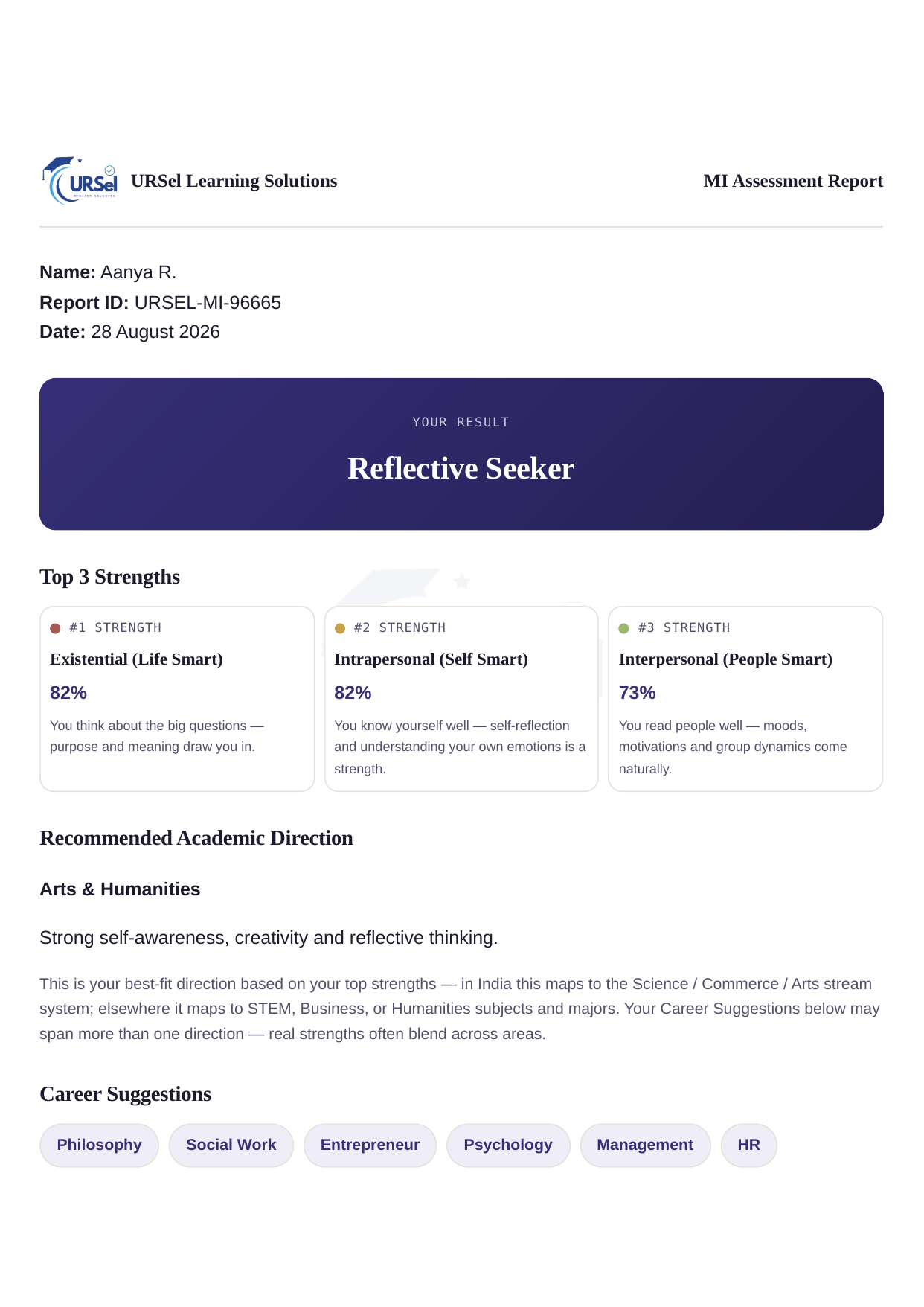 Sample report preview — top strengths, recommended academic direction and career suggestions
