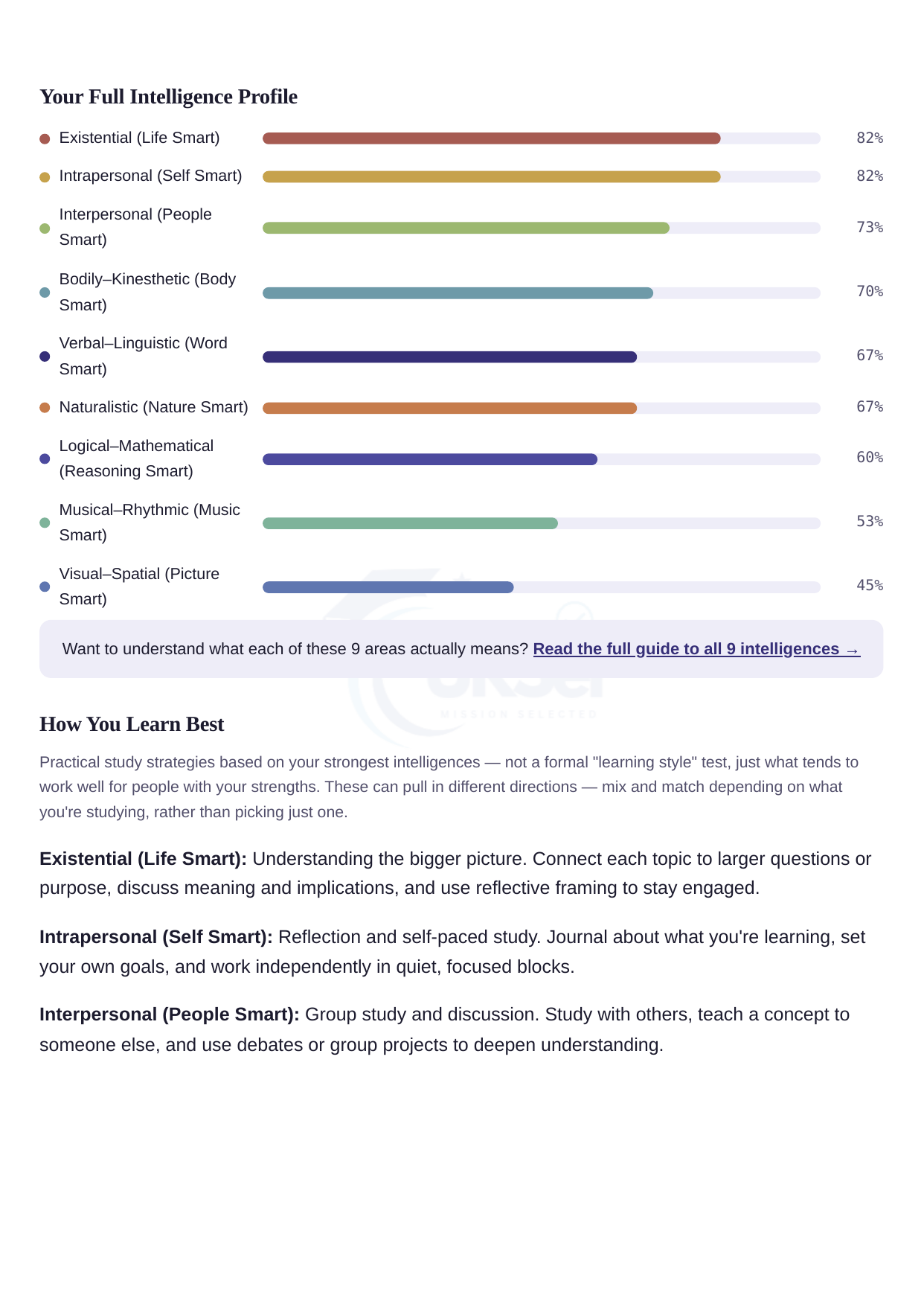 Sample report page 2: full 9-area intelligence profile and how you learn best