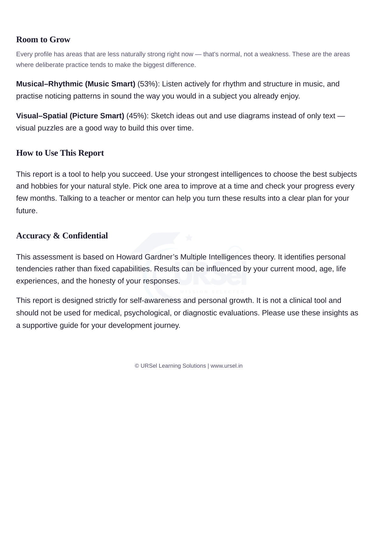 Sample report page 3: room to grow and accuracy and confidentiality notes